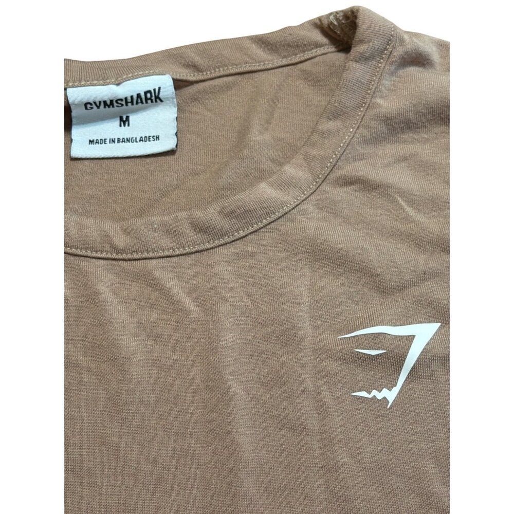 2 Gymshark Womens Short Sleeve Shirts Slit Tie Side Tan Blue Cuff Sleeve Sz M - Picture 3 of 5